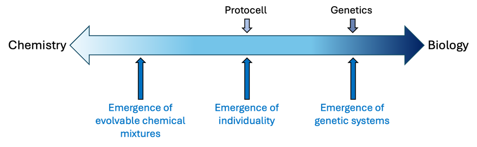 A timeline showing the transition from chemistry to biology, highlighting the emergence of evolvable chemical mixtures, protocells, and genetics.